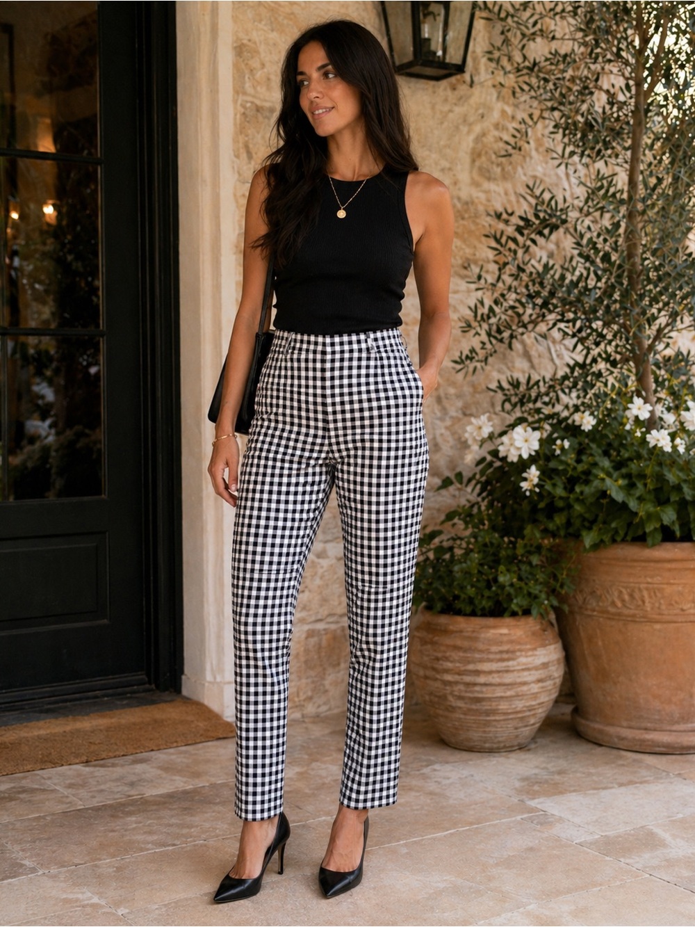 Banana Republic Ryan Fit Gingham Pants Size 4 Black White Stretch Ankle Trouser